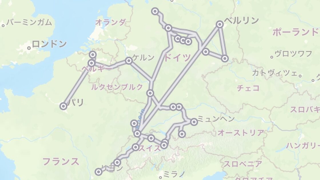 5カ国横断!ヨーロッパ大周遊7日間のレイルプランナーのマップ