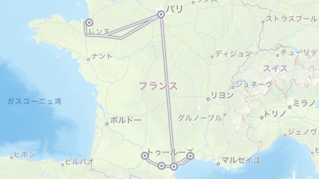 春の南フランス&モン・サン・ミシェル4日間のレイルプランナーのマップ