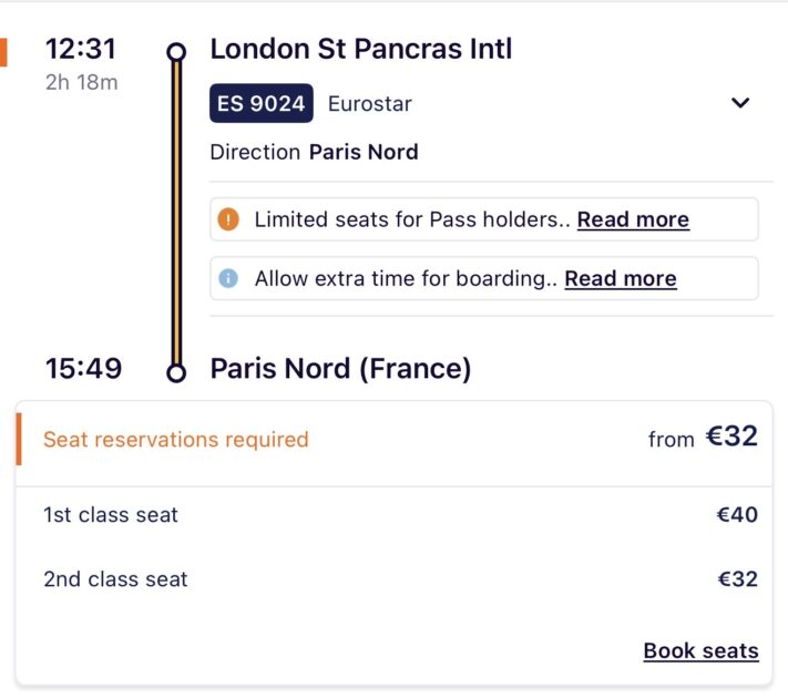 「Book Seat」からユーレイルの予約セルフサービスへ