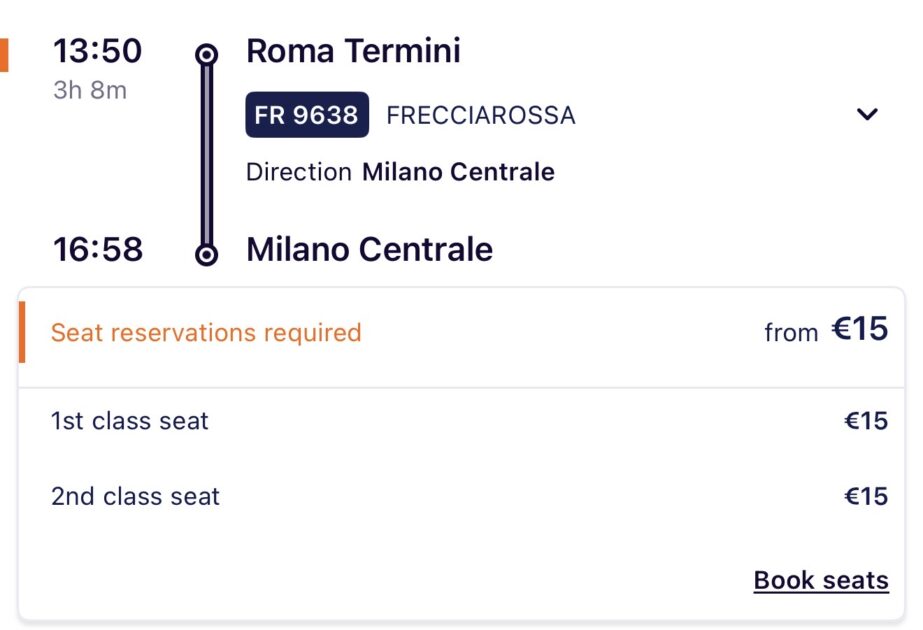 レイルプランナーでのフレッチャロッサ利用時の有料座席指定の検索画面